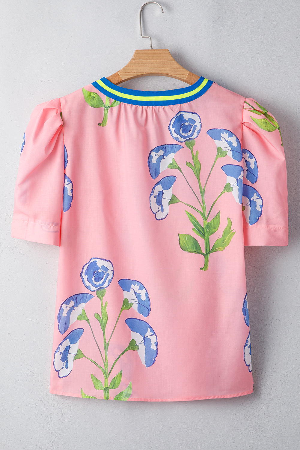 Floral Print Striped Notched V Neck Bubble Sleeve Blouse