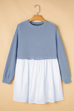 Stripe Patchwork Pleated High Waist Loose Mini Dress
