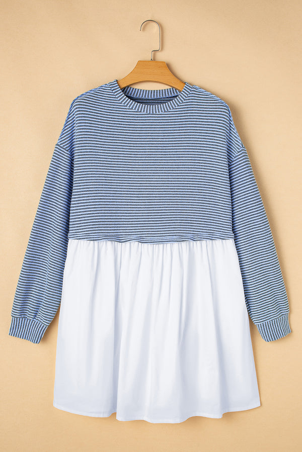 Stripe Patchwork Pleated High Waist Loose Mini Dress