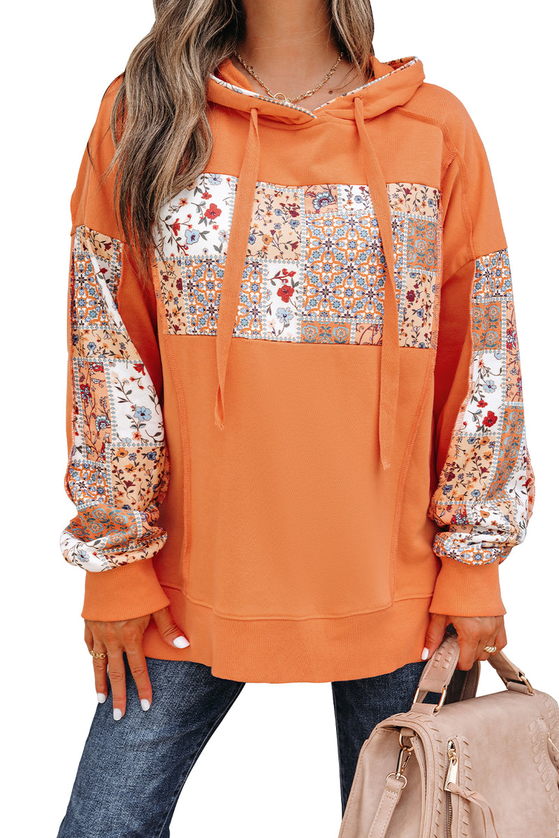 Flamingo Mix Floral Patchwork Side Slit Drawstring Hoodie