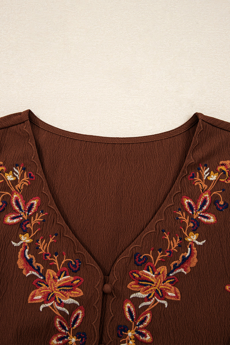 Floral Embroidered Tassel Tie Waist Long Sleeve Mini Dress
