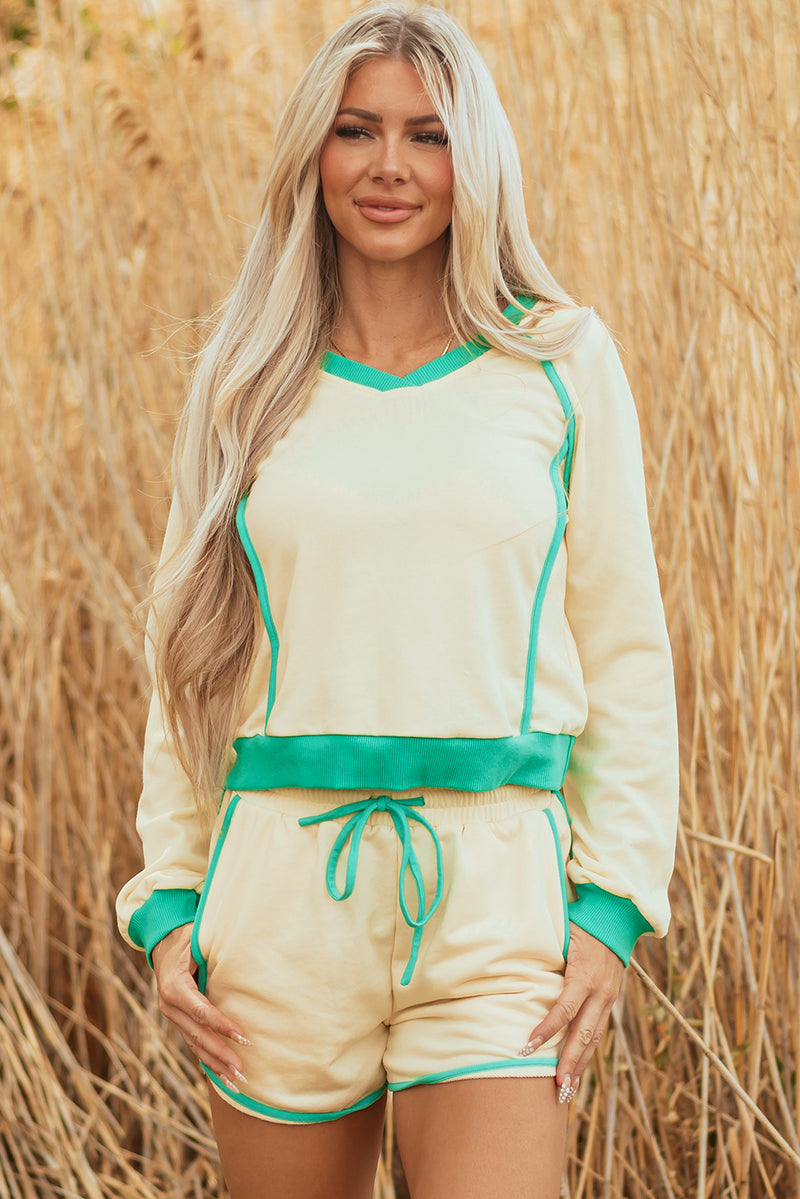 Contrast Trim Colorblock Long Sleeve Pullover and Drawstring Shorts 2pcs Outfit