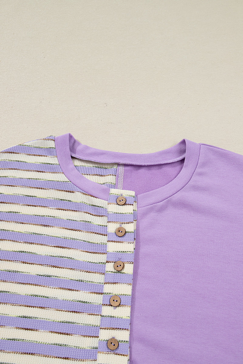 Stripe Patchwork Buttoned Drop Shoulder Plus Size Pullover