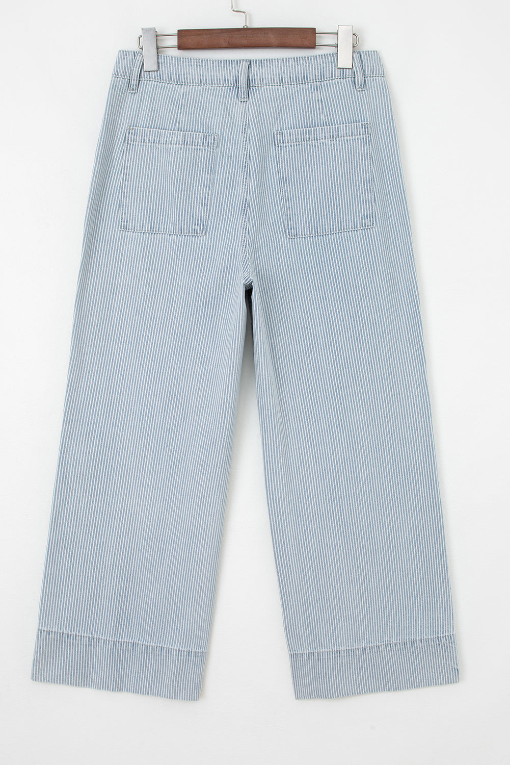 Stripe Button Flap Pocket Cuffed Hem Wide Leg Jeans