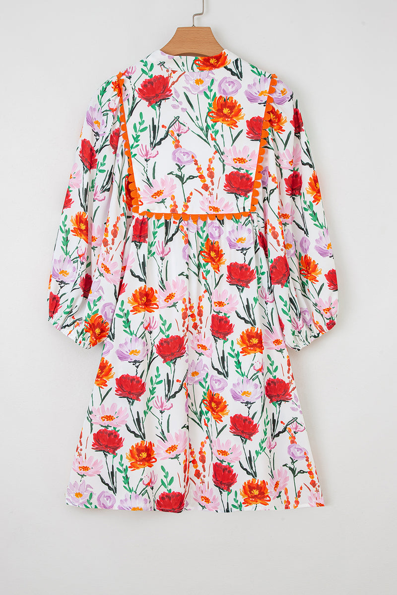 Multicolour Floral Print 3/4 Puff Sleeve Ricrac Trim Mini Dress