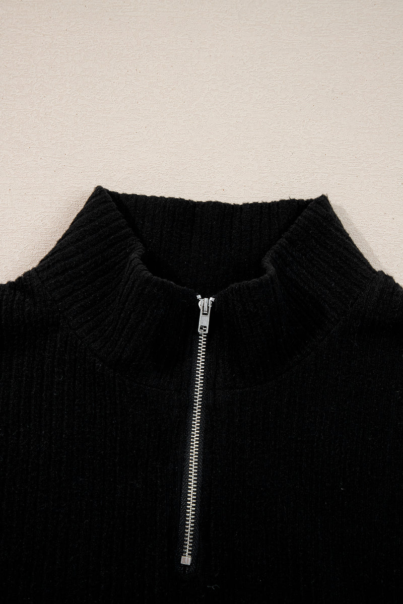 Ribbed Zip Stand Neck Drop Shoulder Pullover Bodycon Skirt 2pcs Set