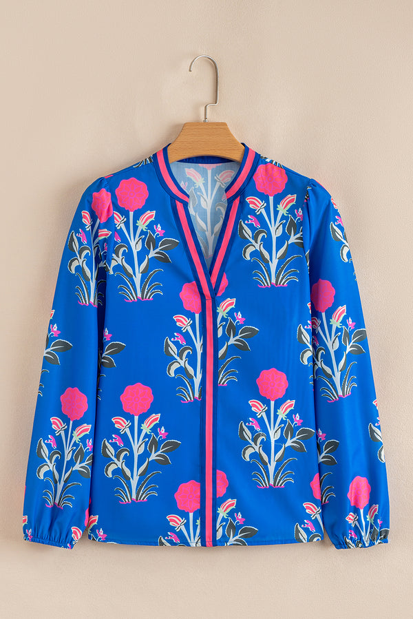 Floral Print Contrast Striped Trim Notched Neck Long Sleeve Blouse