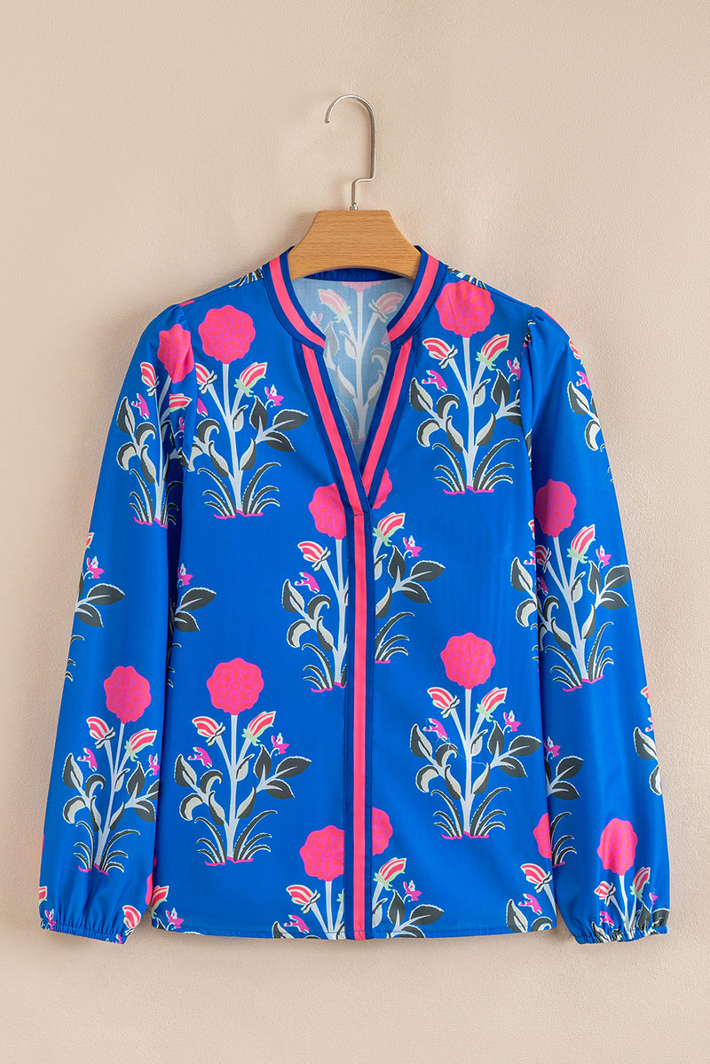 Floral Print Contrast Striped Trim Notched Neck Long Sleeve Blouse