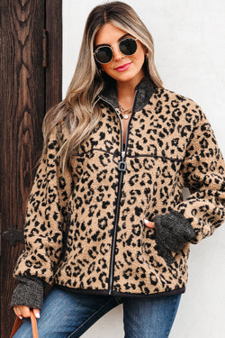 Leopard Print Zip Up Stand Neck Side Pocket Jacket