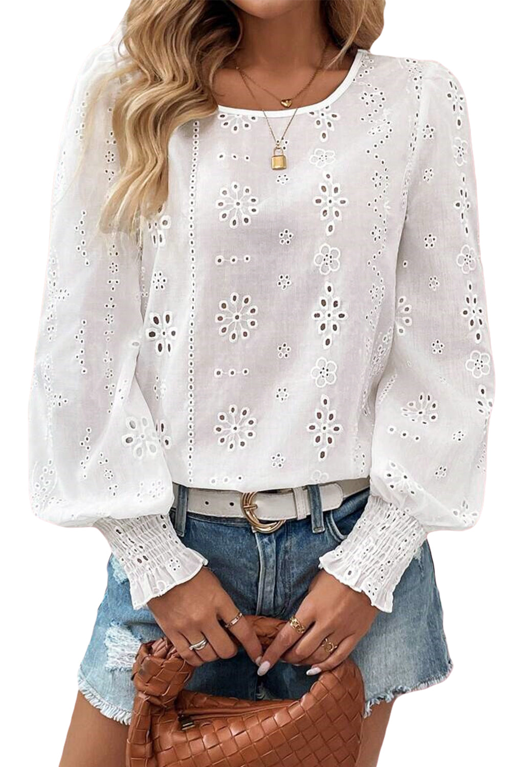 Eyelet Embroidered Smocked Cuff Sheer Blouse