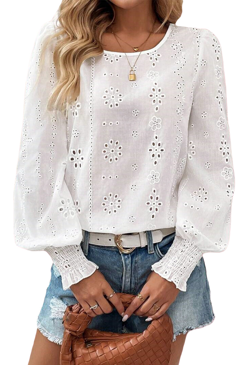 Eyelet Embroidered Smocked Cuff Sheer Blouse