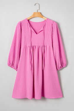 Plus Size Textured Tie Split Neck Puff Sleeve Flowy Mini Dress