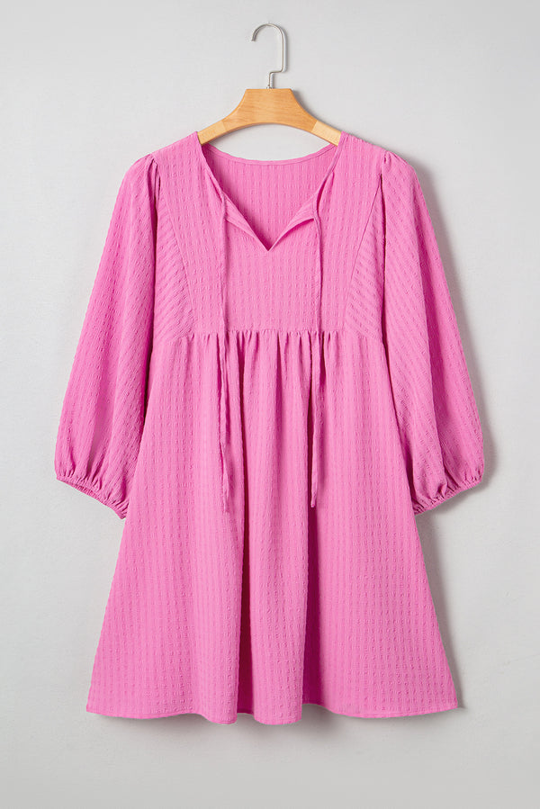 Plus Size Textured Tie Split Neck Puff Sleeve Flowy Mini Dress