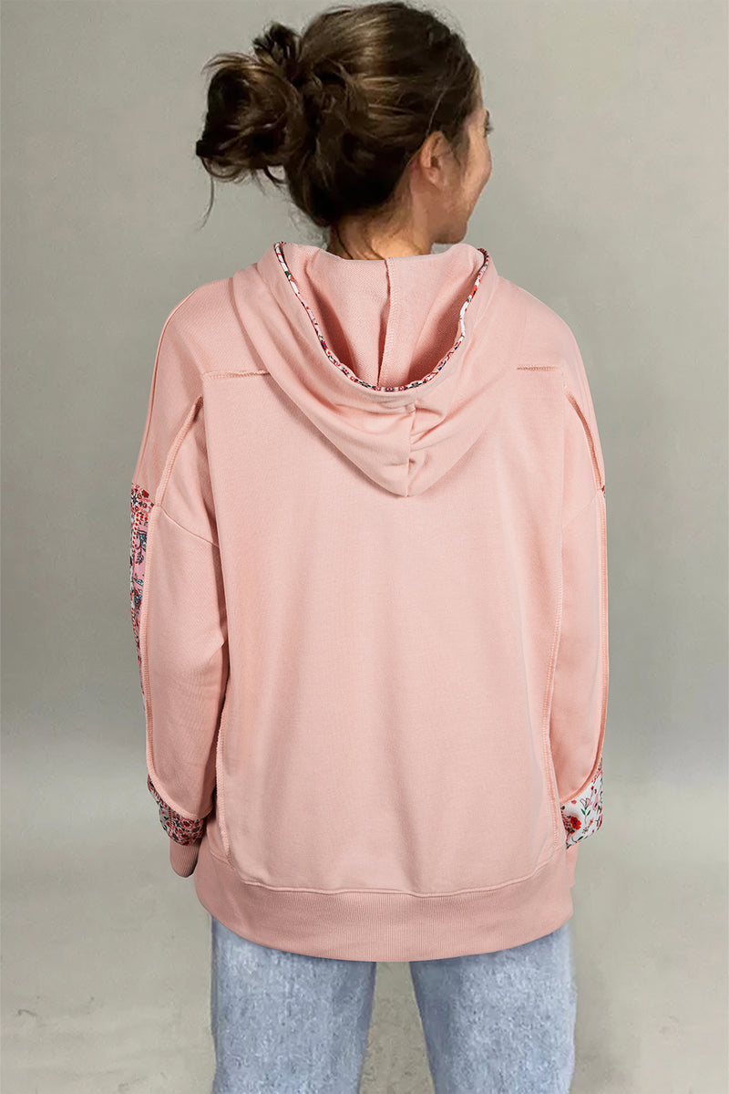 Mix Floral Patchwork Side Slit Drawstring Hoodie
