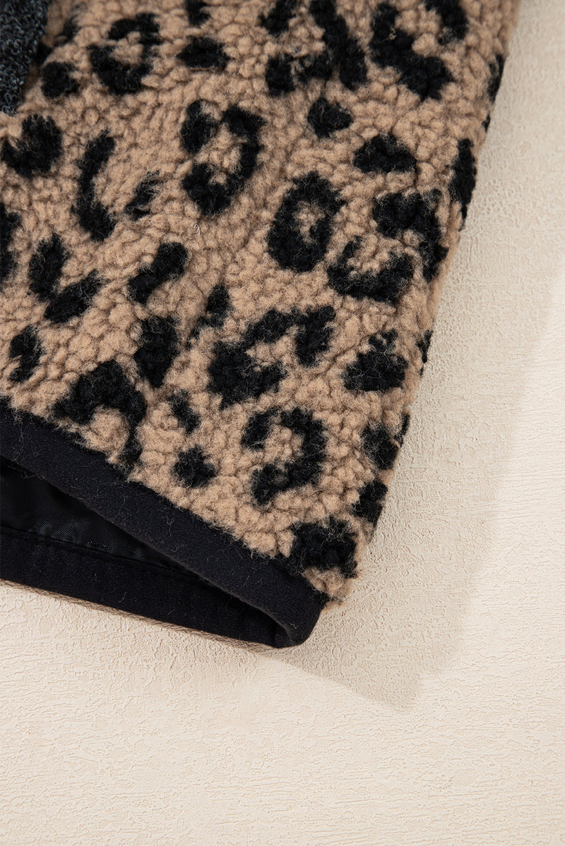 Leopard Print Zip Up Stand Neck Side Pocket Jacket