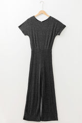 Ribbed Keyhole Short Sleeve Wide Leg Jumpsuit