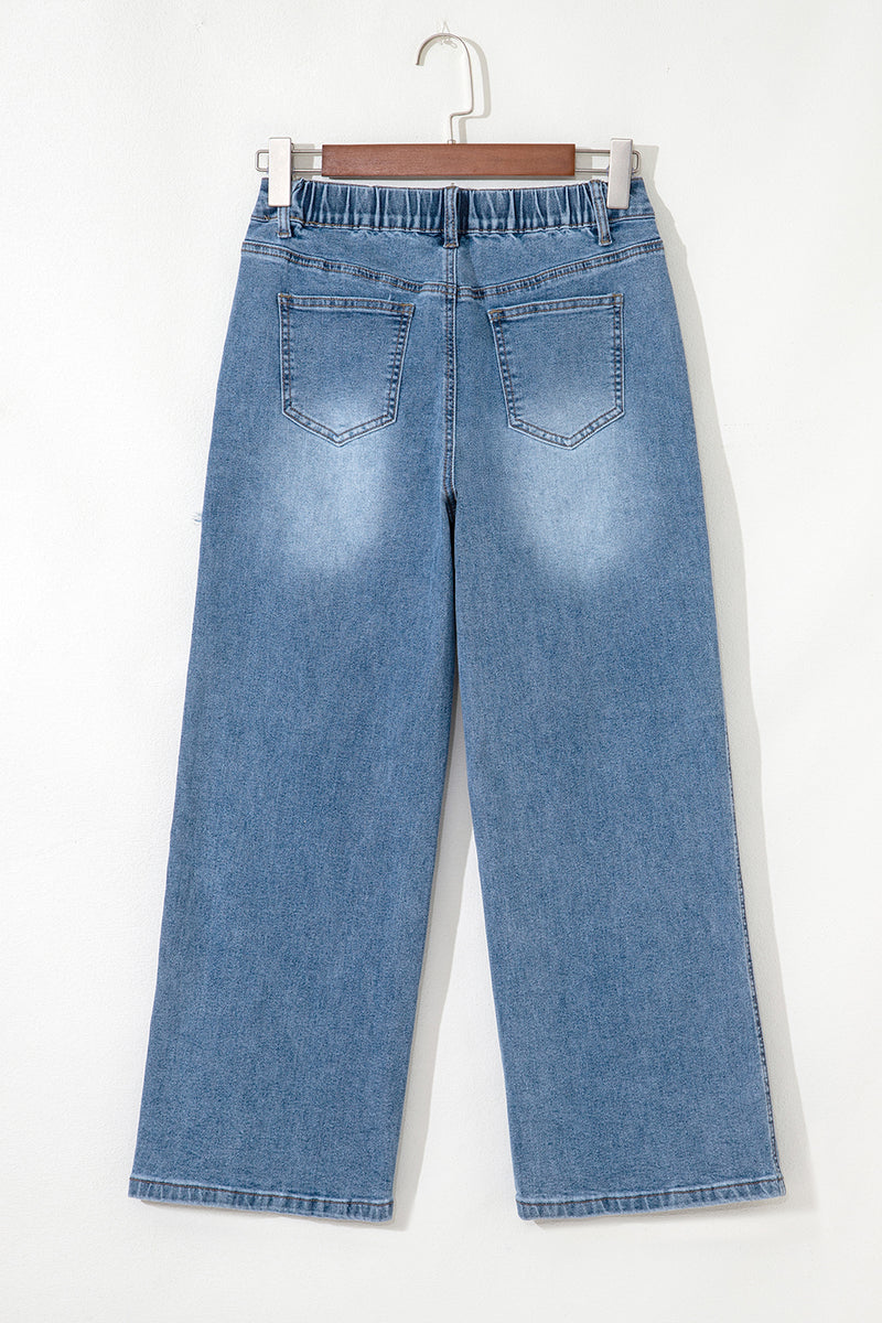 Star Patchwork Cropped Wide Leg High Waist Jeans