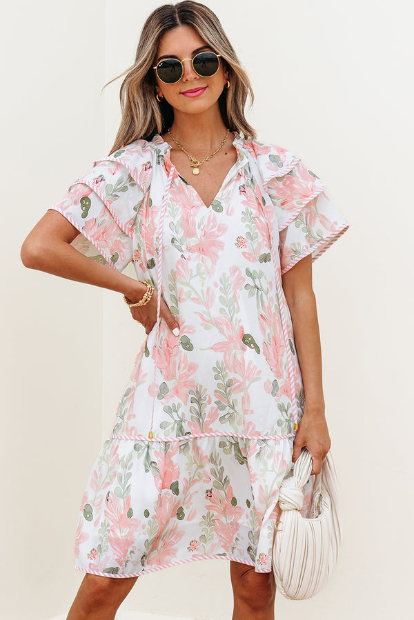 Floral Contrast Edge Layered Short Sleeve Mini Dress