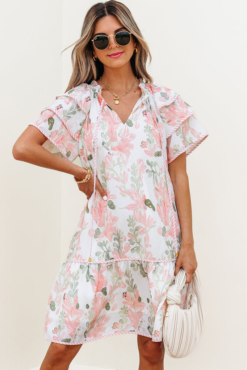 Floral Contrast Edge Layered Short Sleeve Mini Dress