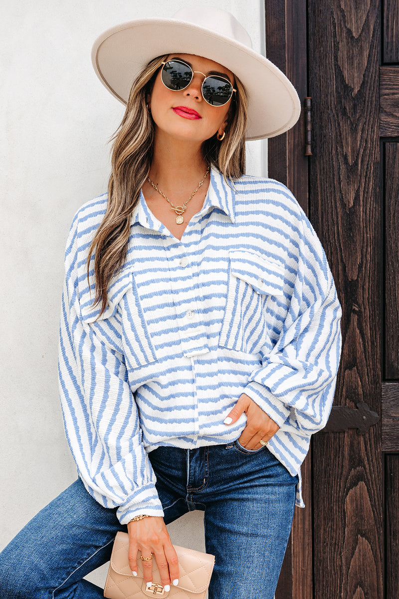 Stripe Half Button Collared Chest Pockets Loose Fit Blouse