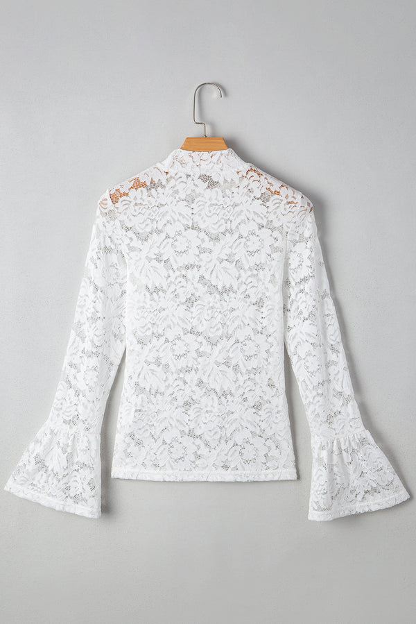 Lace Crochet Bell Sleeve Mock Neck Blouse