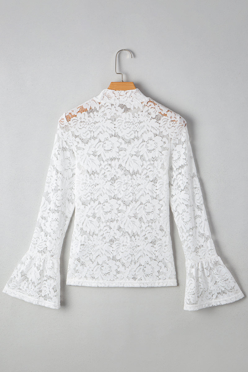 Lace Crochet Bell Sleeve Mock Neck Blouse