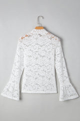 Lace Crochet Bell Sleeve Mock Neck Blouse