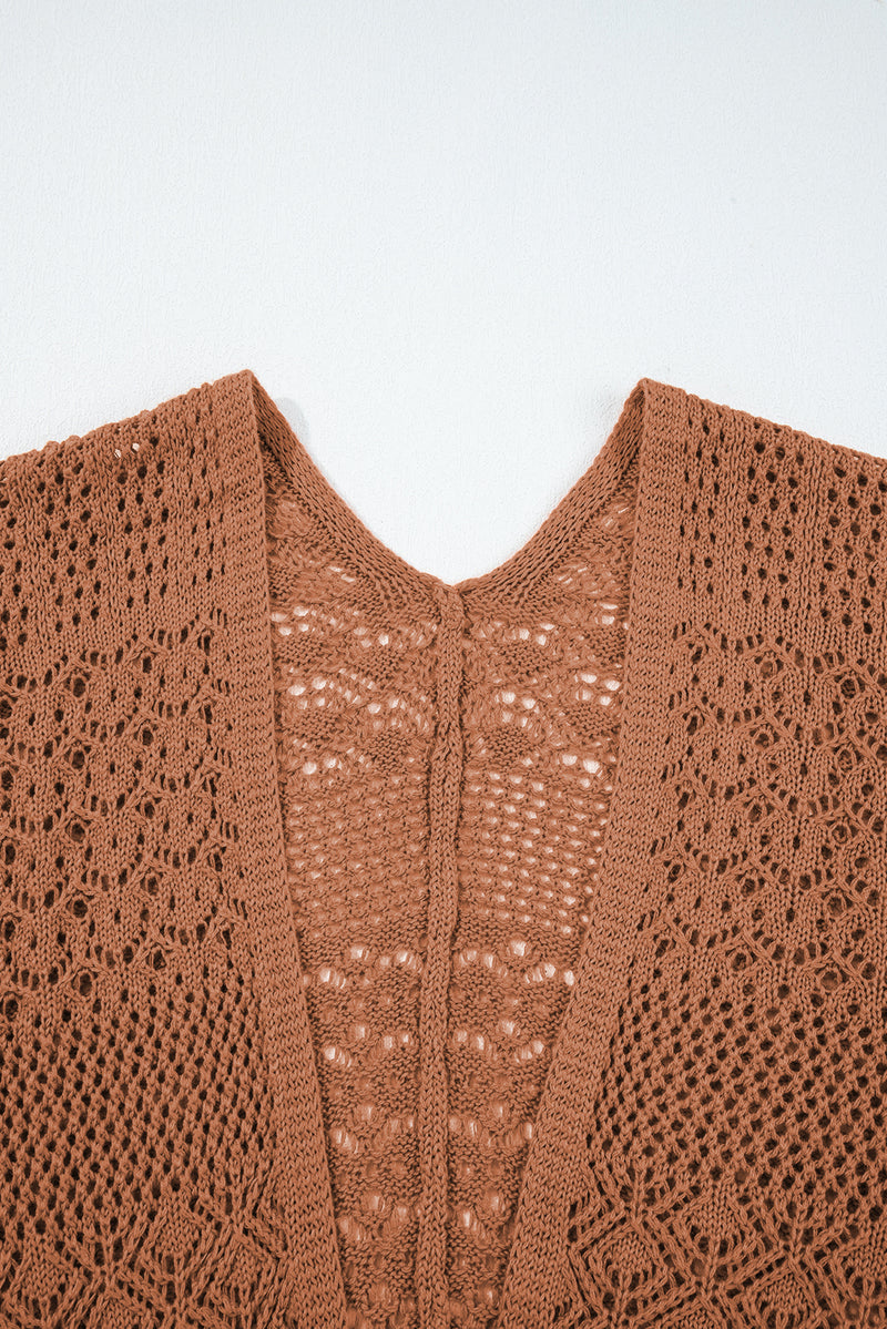Brown Mix Pattern Hollowed Knit Open Front Cardigan