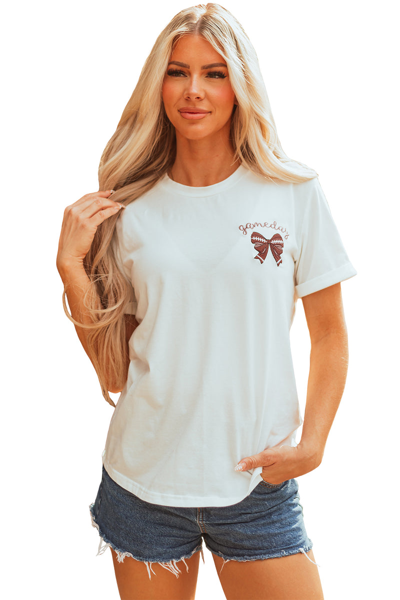 Game Day Bowknot Embroidered Graphic Casual Tee
