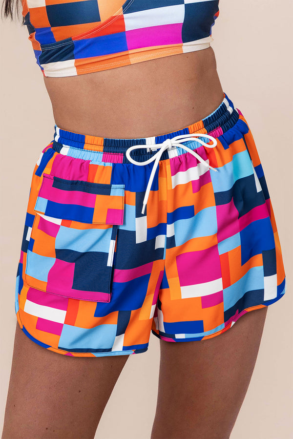 Geometric Printed Drawstring Waist Beach Shorts with Pockets