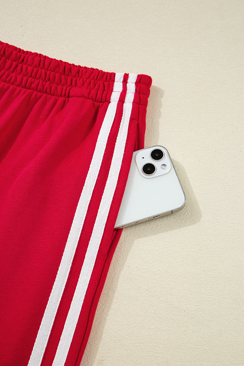 Red Varsity Striped Detail Crewneck Pullover Elastic Sweatpants 2pcs Outfit
