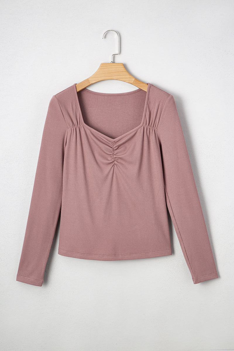 Gathered Bust Square Neck Ribbed Fit Long Sleeve Top