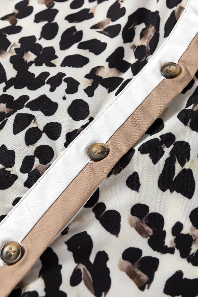 Multicolour Button Striped Collar Leopard Print Long Sleeve Flared Dress