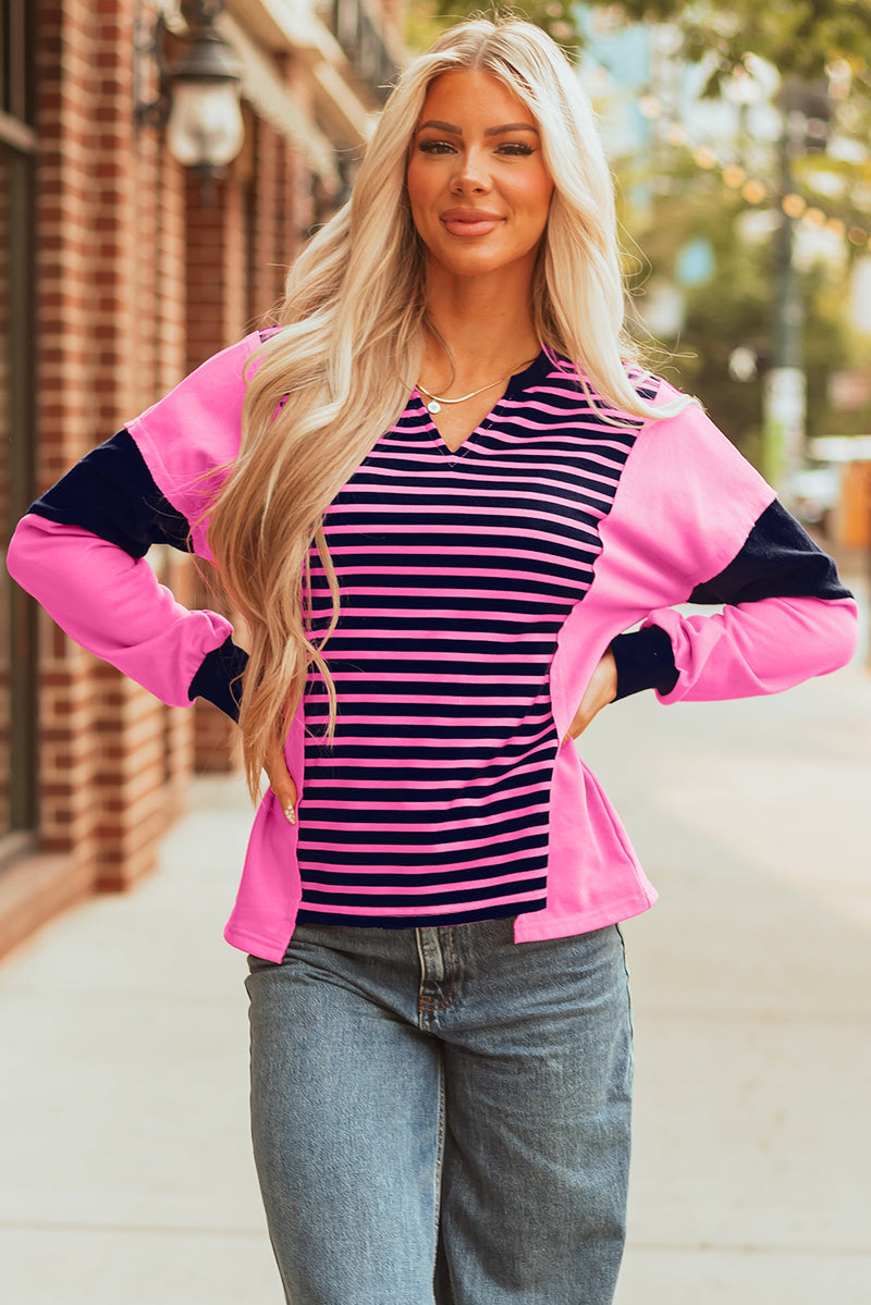Stripe Color Block V Neck Loose Fit Long Sleeve Top