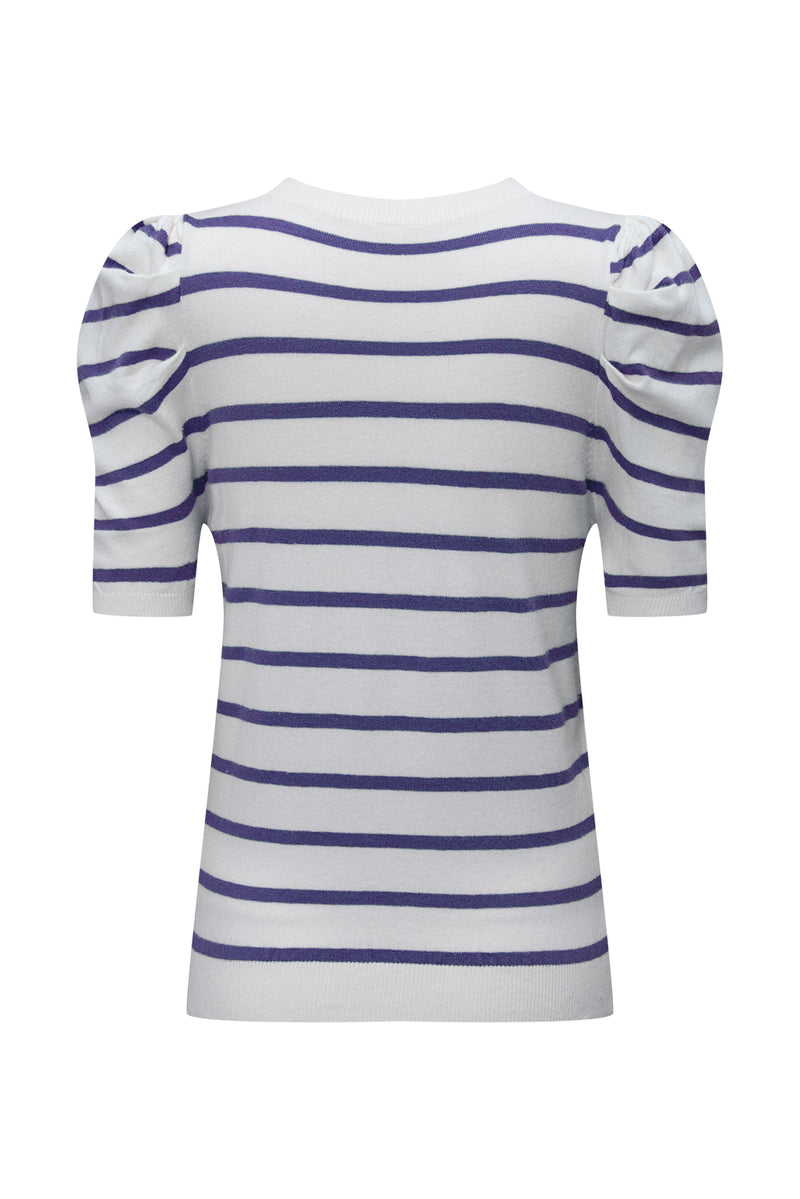 Stripe Ribbed Trim Round Neck Bubble Sleeve Knitted Top