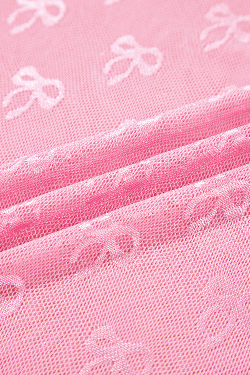 Plus Size Bow Embroidered Mesh Long Sleeve Top