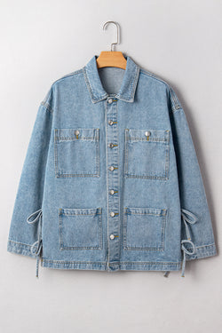 Multi Patched Pockets Side Tie up Boyfriend Style Denim Jacket