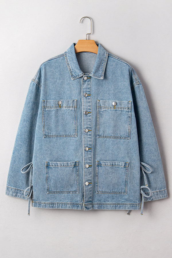 Multi Patched Pockets Side Tie up Boyfriend Style Denim Jacket