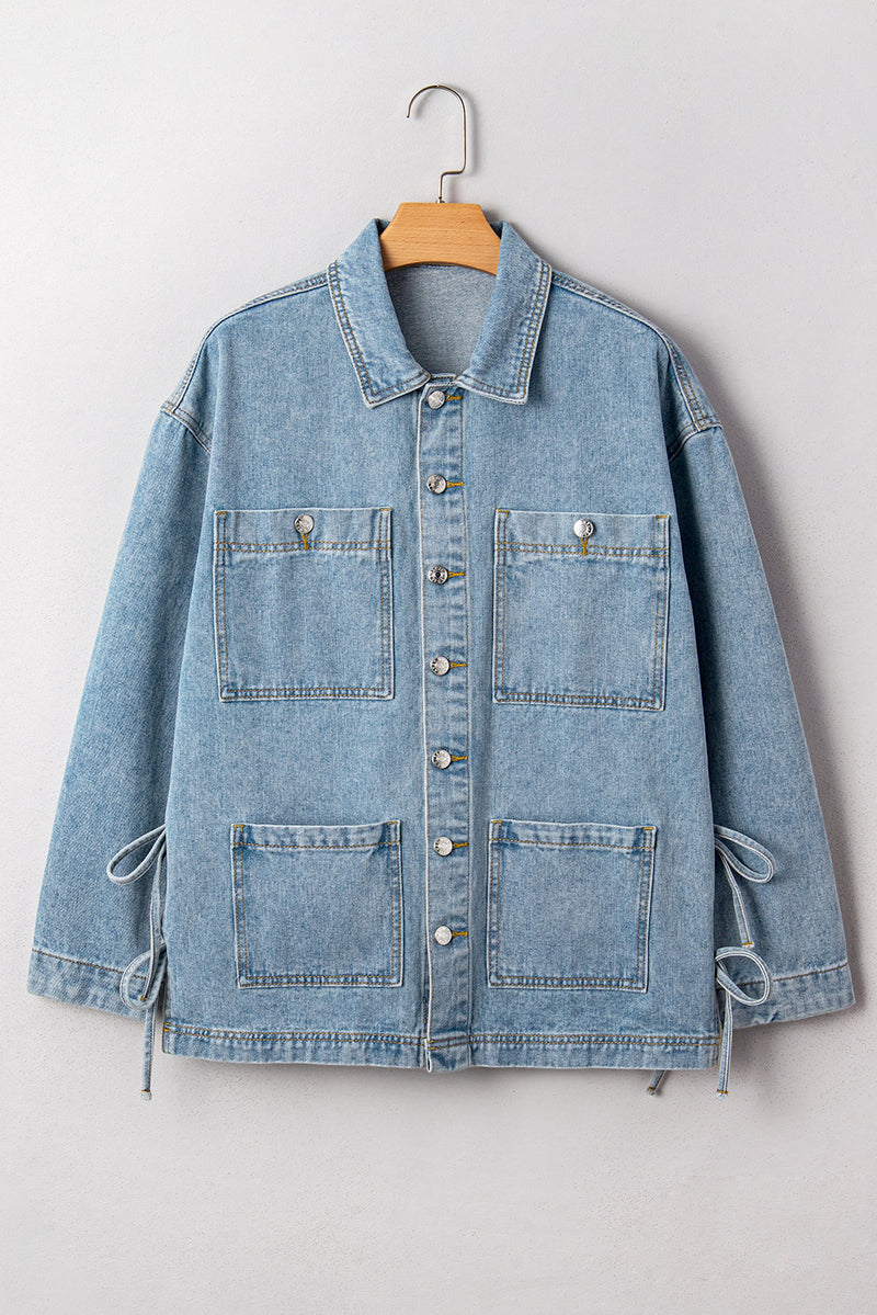 Multi Patched Pockets Side Tie up Boyfriend Style Denim Jacket