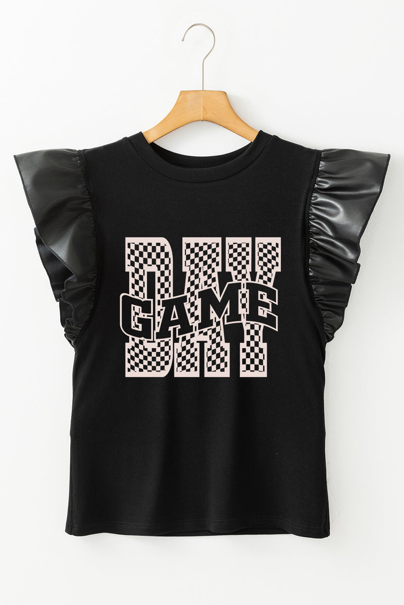 Black GAME DAY Checkered Letter Graphic Leatherette Ruffle Sleeve Top