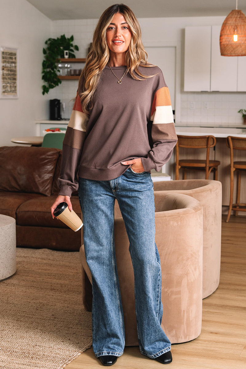 Color Block Drop Shoulder Pullover Casual Sweatshirt