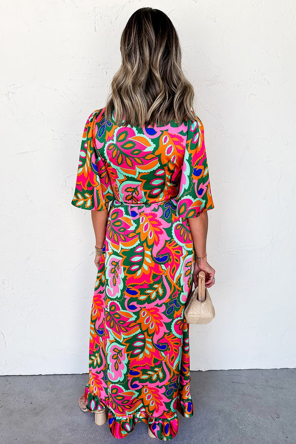 Summer Plant Print Surpliced V Neck Ruffled Asymmetric Slit Wide Short Sleeve Maxi Dress