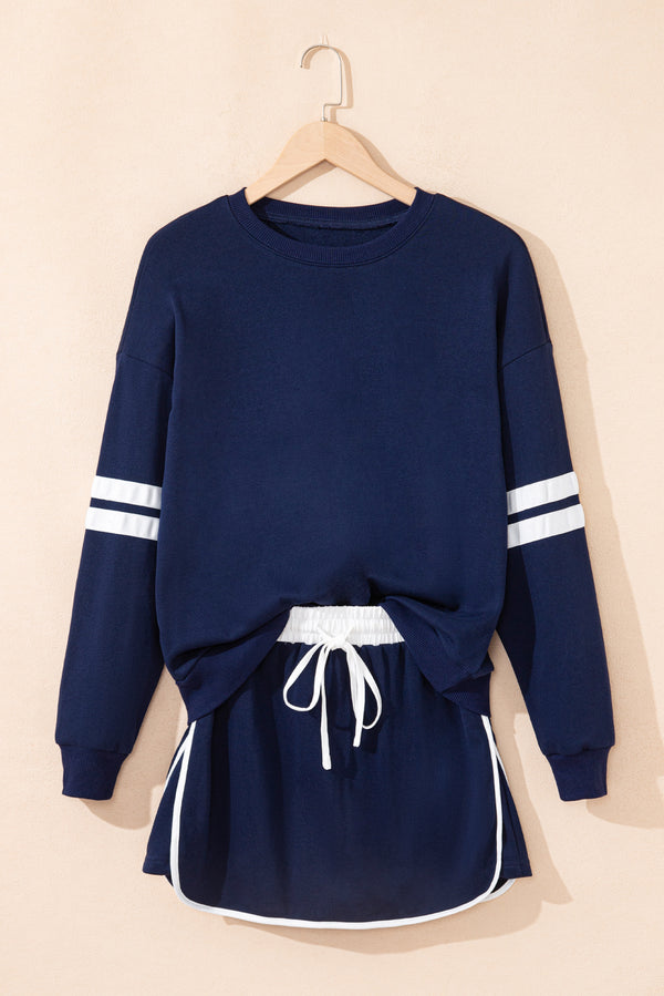 Varsity Stripe Detail Drop Shoulder Pullover Mini Skirt Set