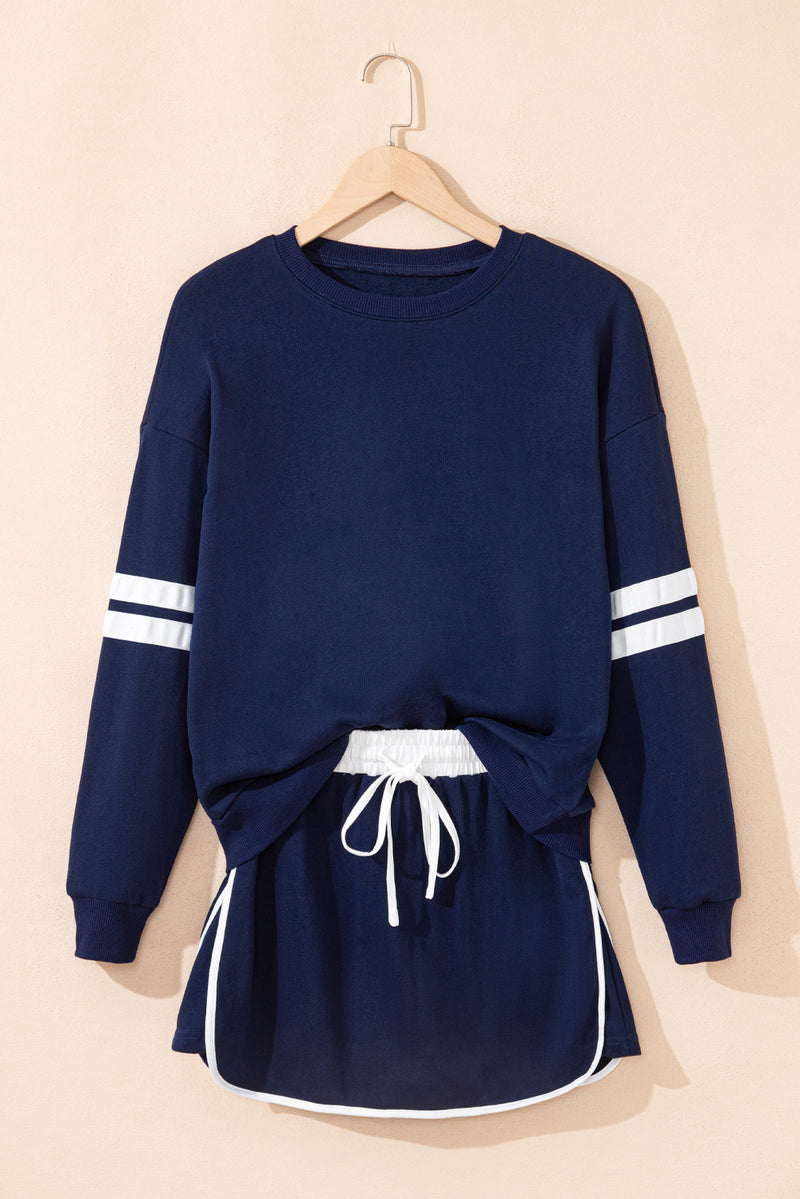 Varsity Stripe Detail Drop Shoulder Pullover Mini Skirt Set