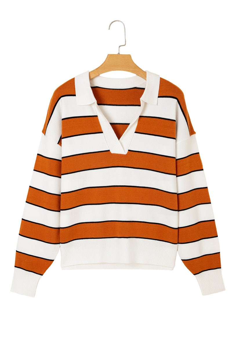 Stripe Ribbed Polo Collar Drop Shoulder Sweater