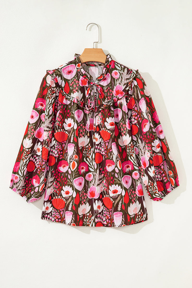 Floral Three Quarter Sleeve Lace-up Neck Blouse