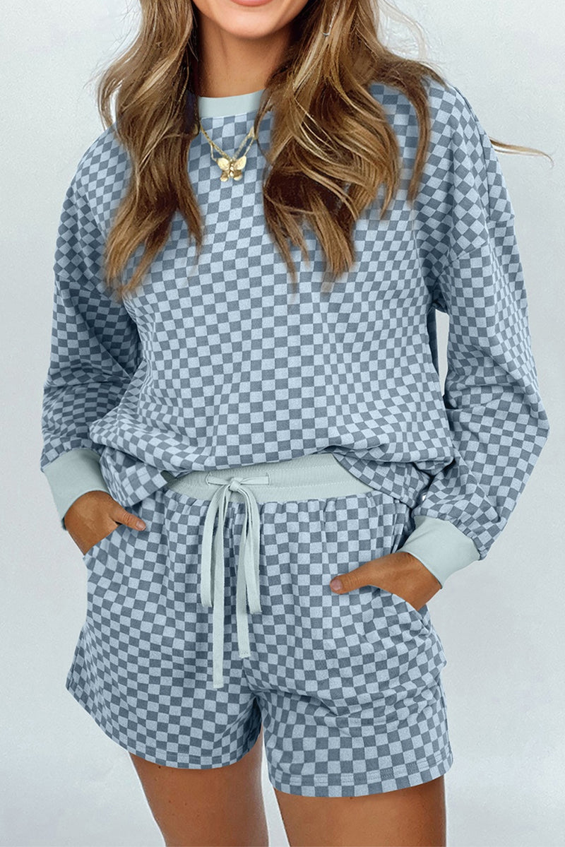 Checkerboard Long Sleeve Pullover and Shorts Set