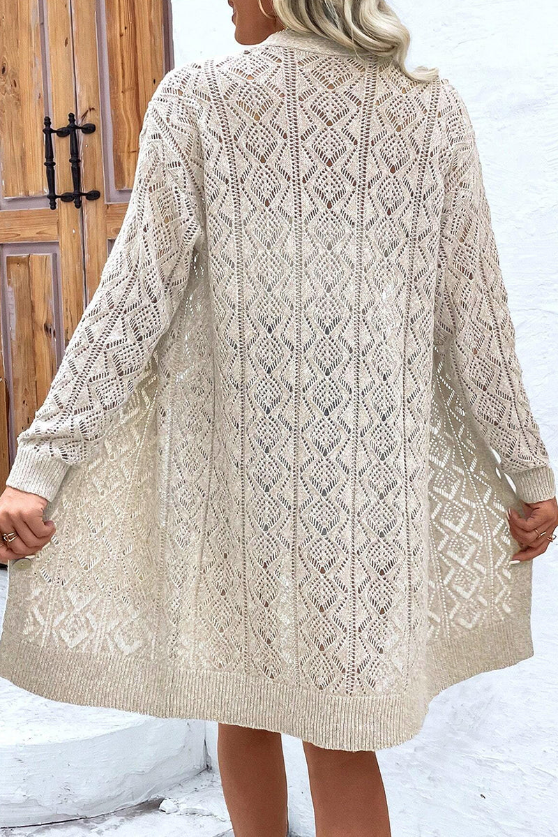 Solid Hollow Out Buttons Front Long Cardigan