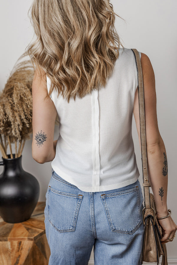 Solid Color Waffle Knit Half Buttons Tank Top