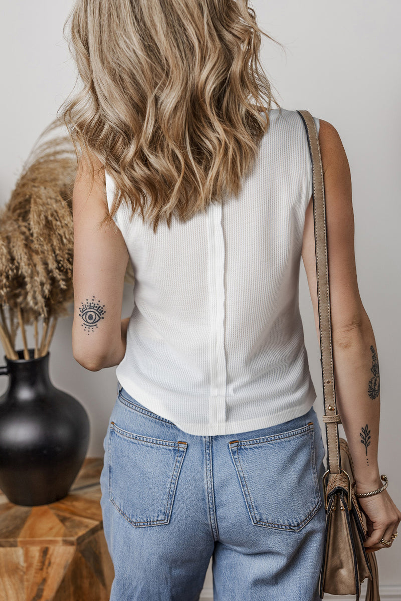 Solid Color Waffle Knit Half Buttons Tank Top
